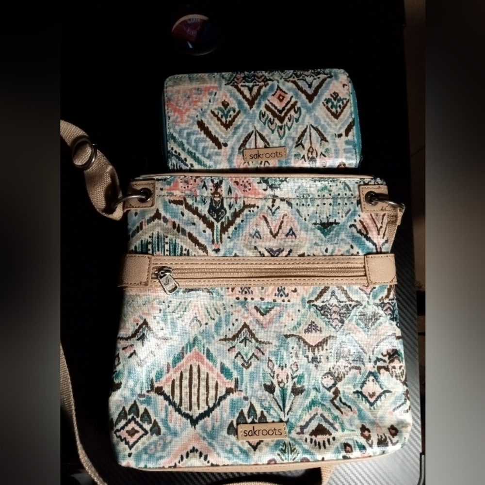 Sakroots Blue and Pink Crossbody Bag & Matching Wallet with Geometric Pattern